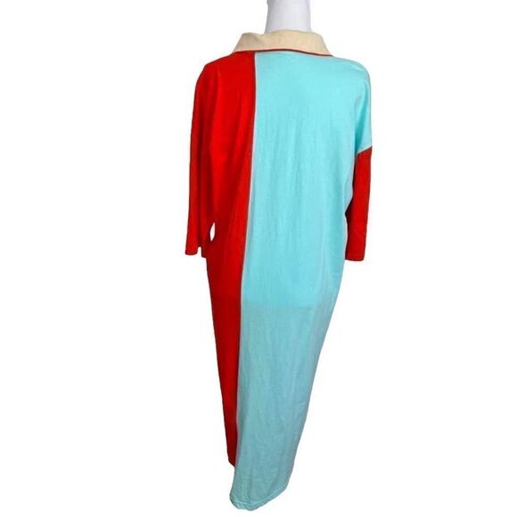 momo New York Shirt Dress Maxi Color Block Red Blue Asymmetrical Hem OS - Picture 2 of 13